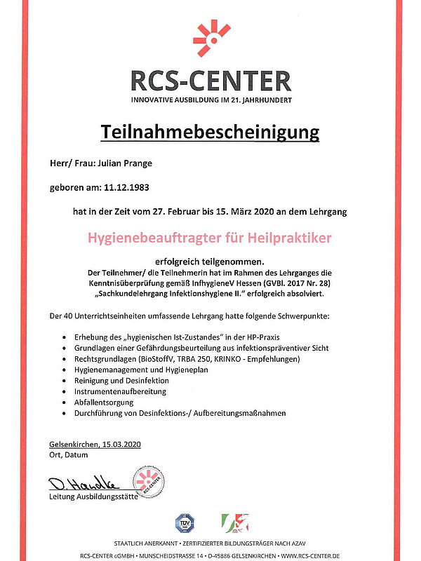  Lehrgang zum Hygienebeauftragten für Heilpraktiker am RCS Center in Gelsenkirchen 