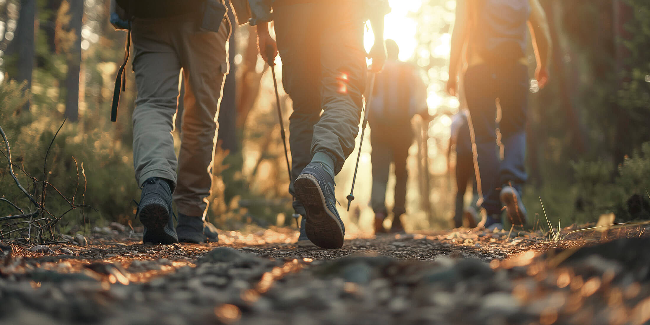 Mehrere Menschen gehen durch den Wald aus der Forschperspektive