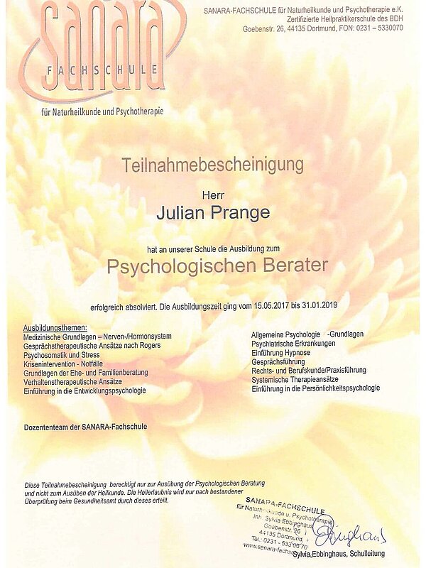  Ausbildung zum psychologischen Berater an der Sanara Fachschule Dortmund 